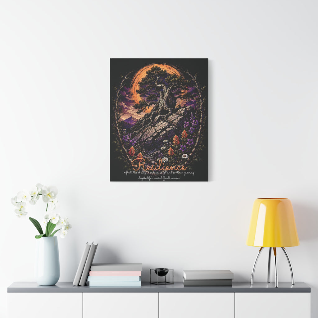 Resilience tree and wildflowers canvas displayed on a white wall above a console and lamp