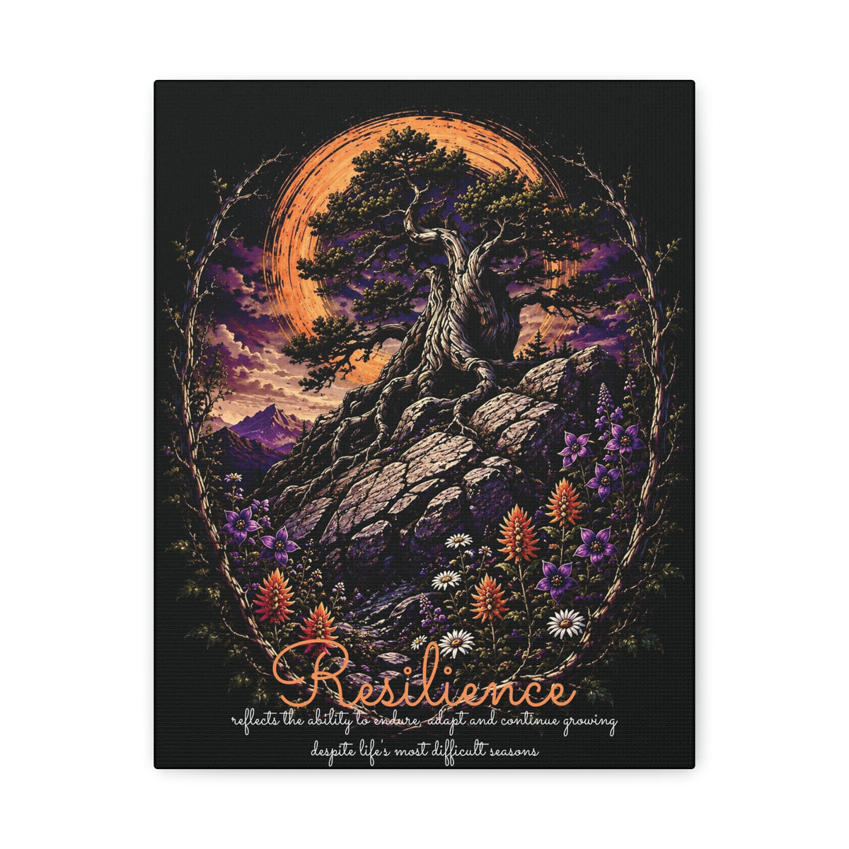 Resilience canvas print, 11″ x 14″ (Vertical), showing tree and wildflower artwork