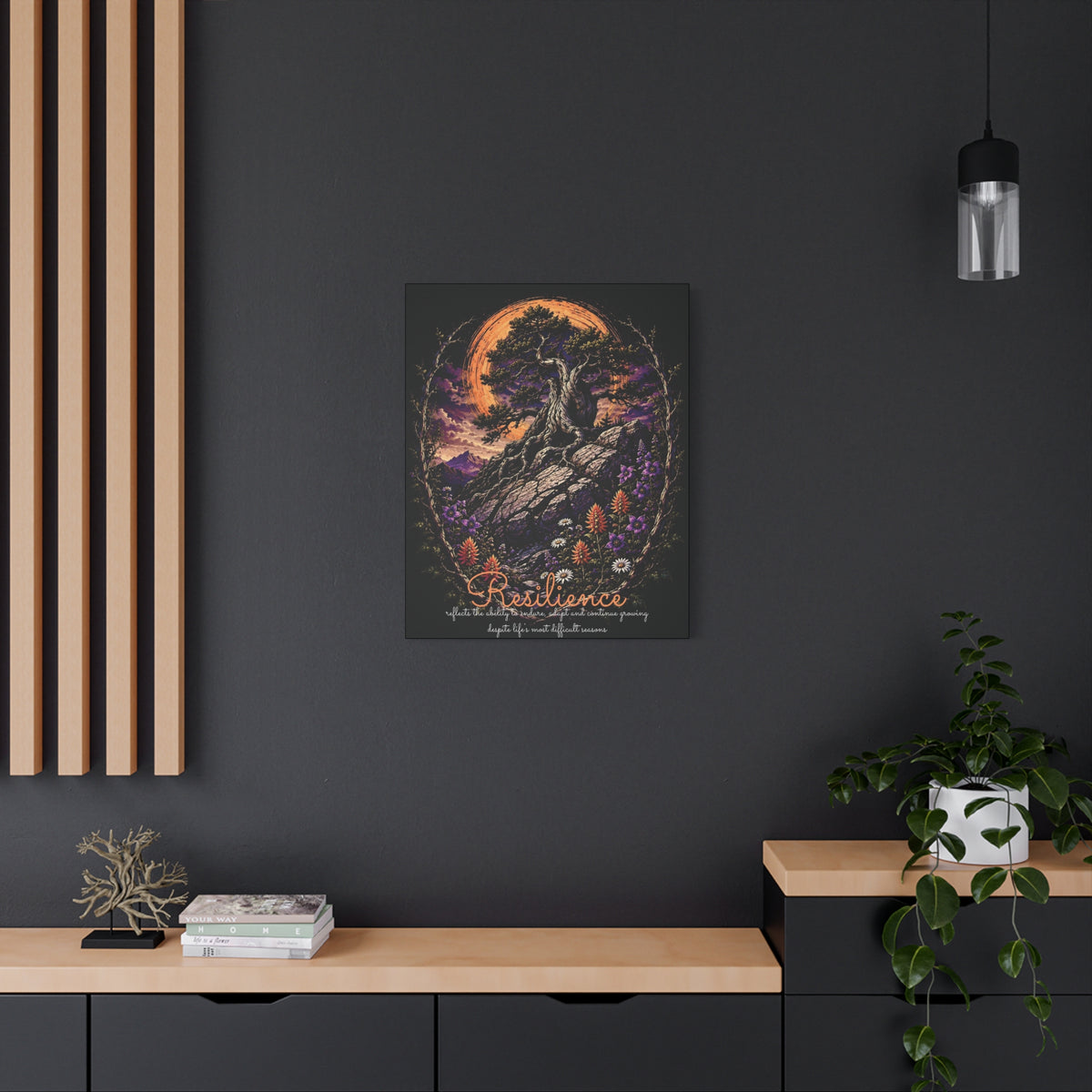 Resilience tree and wildflowers canvas displayed on a dark wall above a wooden console