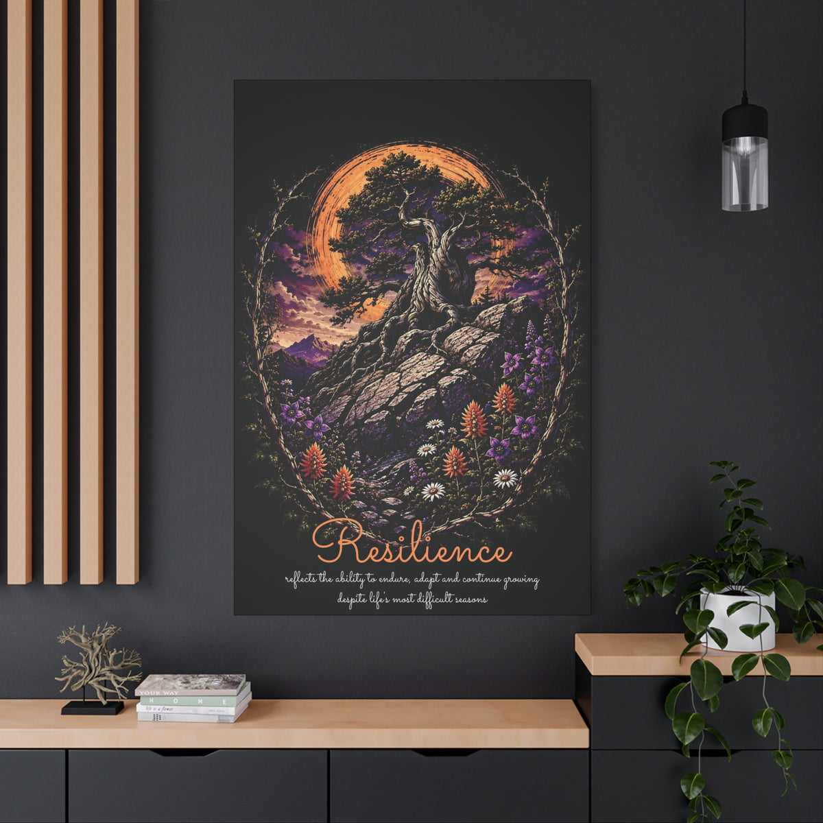 Resilience tree and wildflowers canvas displayed on a dark wall above a wooden console