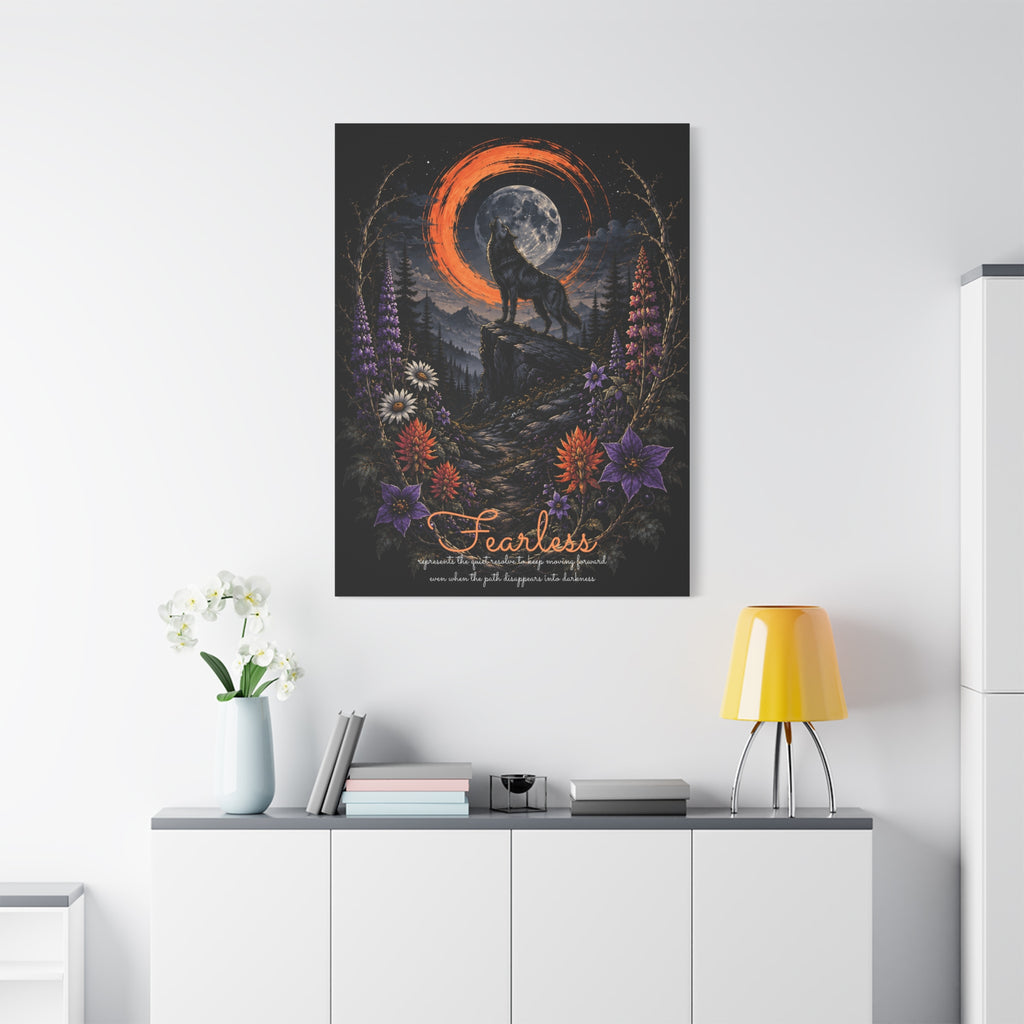 Fearless wolf and wildflowers canvas displayed on a white wall above a console and lamp