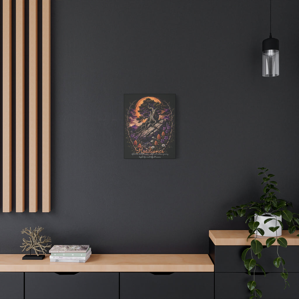 Resilience tree and wildflowers canvas displayed on a dark wall above a wooden console