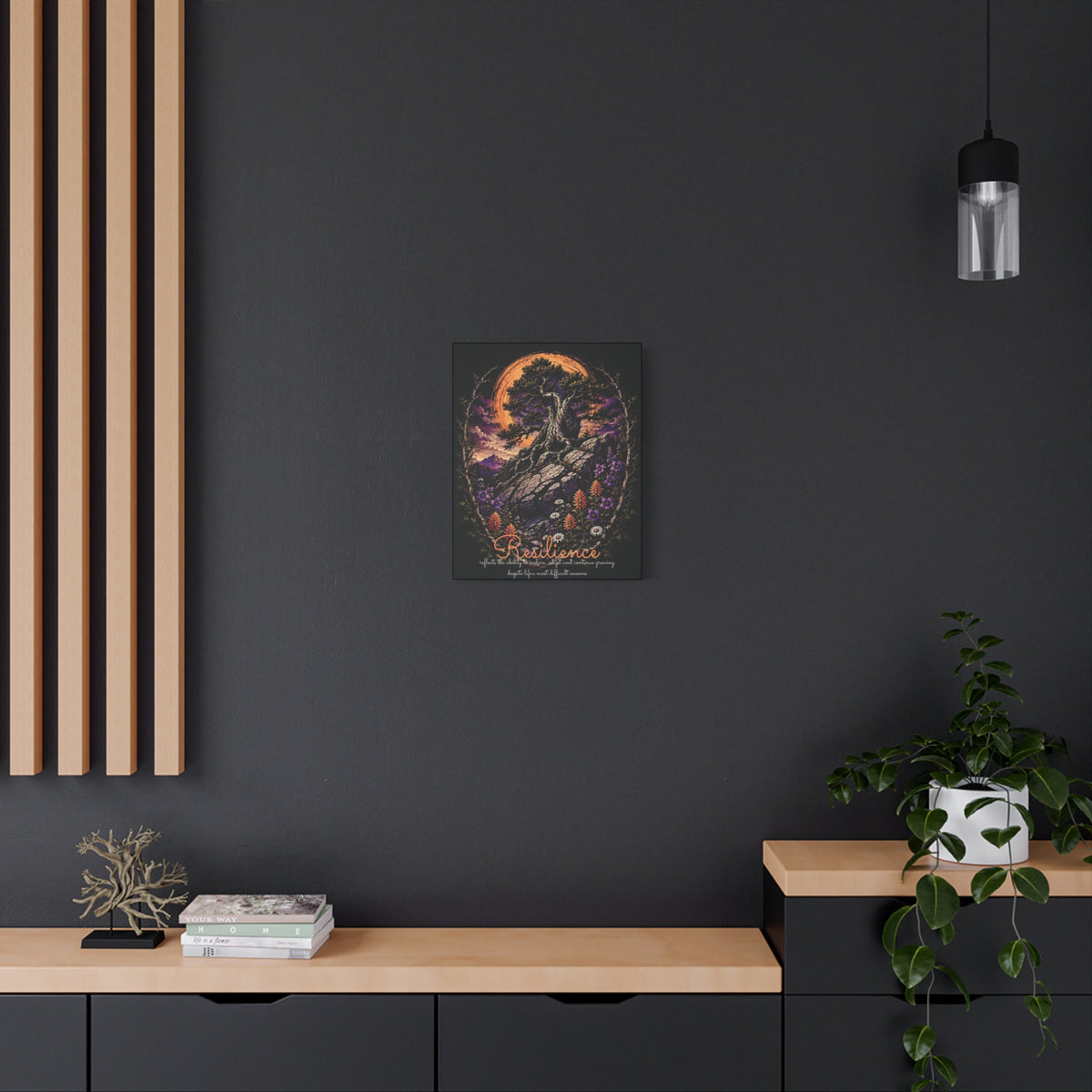 Resilience tree and wildflowers canvas displayed on a dark wall above a wooden console