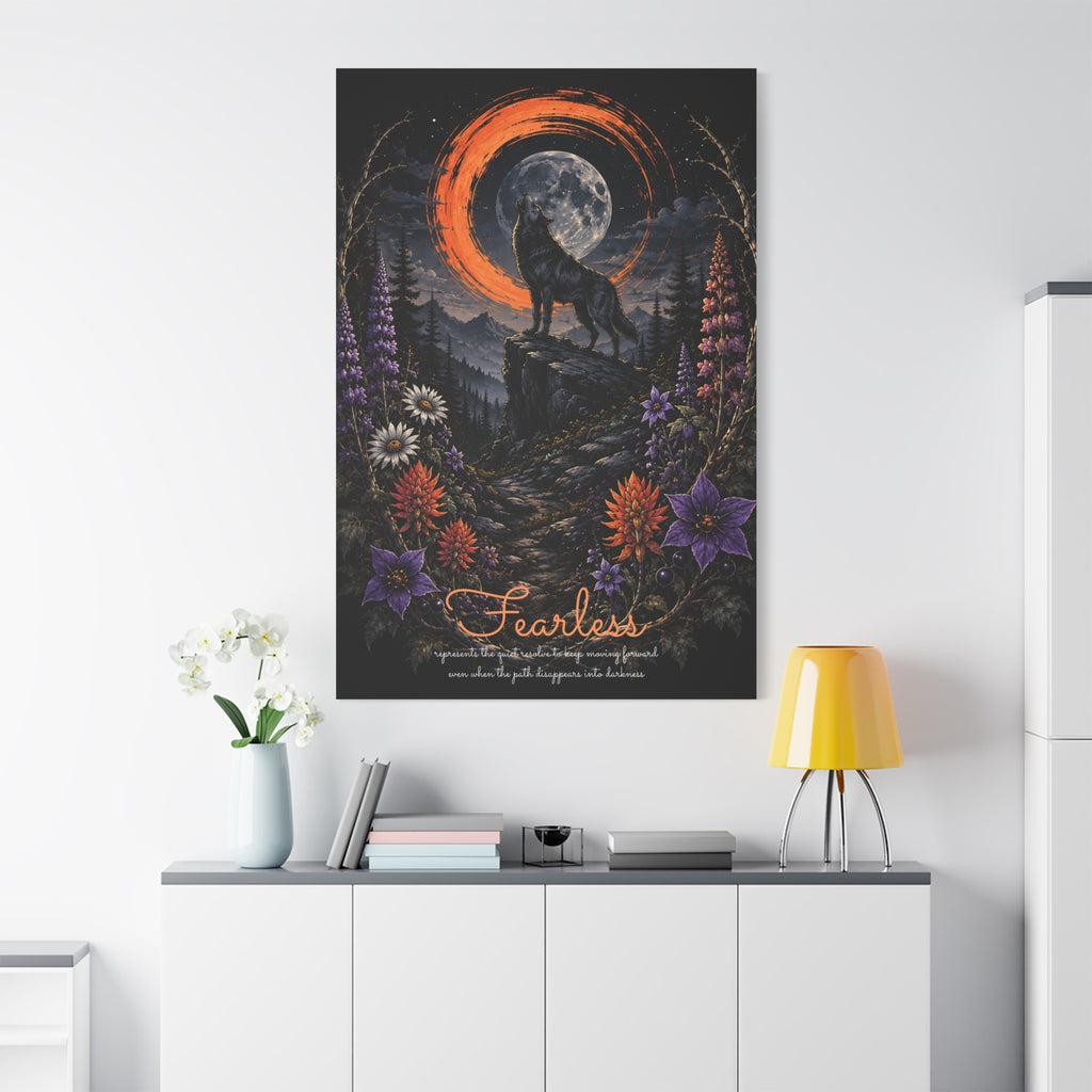 Fearless wolf and wildflowers canvas displayed on a white wall above a console and lamp