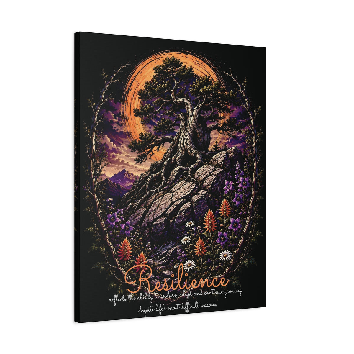 Resilience tree and wildflowers canvas angled view showing the wrapped edge