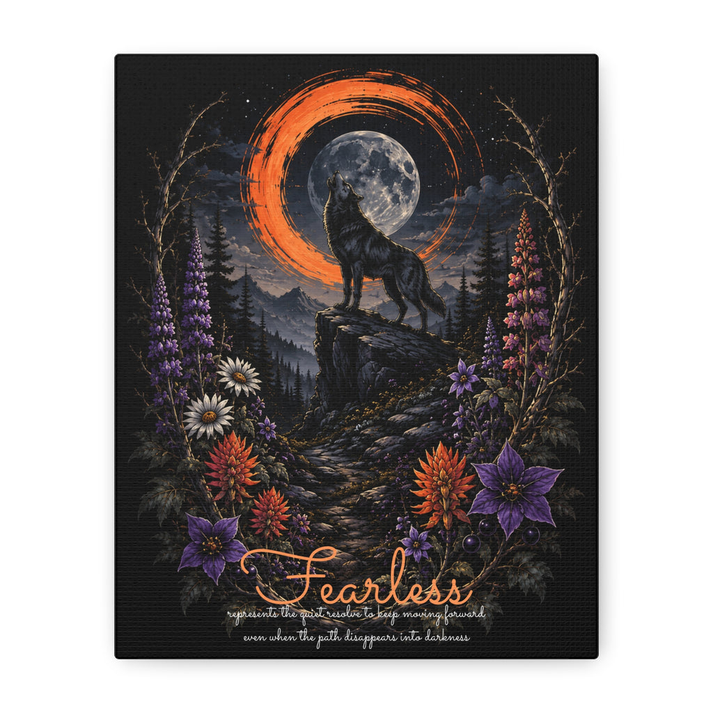 Fearless canvas with a wolf beneath an orange moon and wildflowers