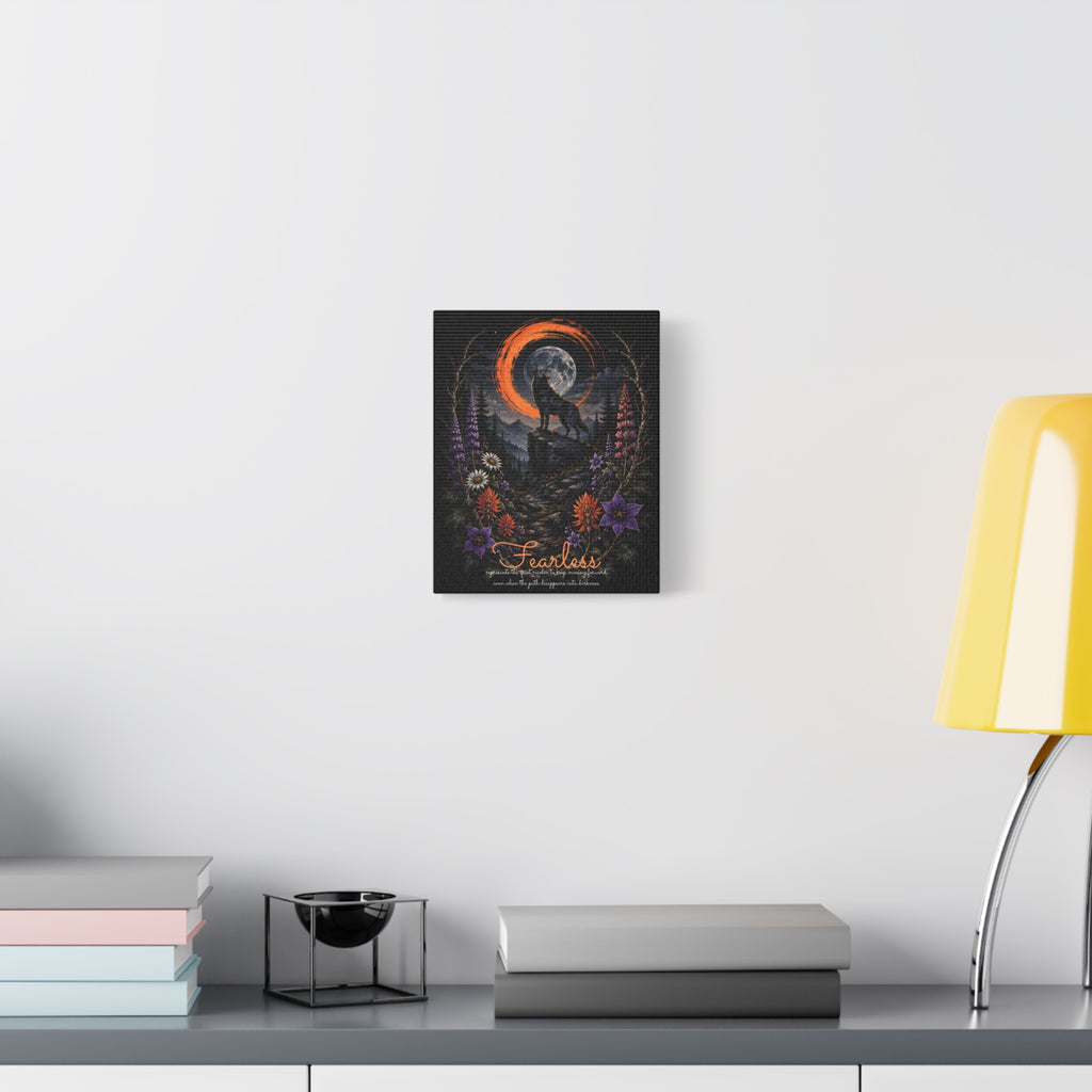 Fearless wolf and wildflowers canvas displayed on a white wall above a console and lamp