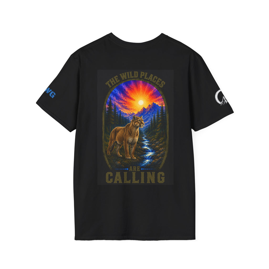 Black t-shirt with front graphic of a cougar and mountain landscape beneath a sunset burst, 'The Wild Calling' text - Wild Places Collection