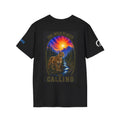Black t-shirt with front graphic of a cougar and mountain landscape beneath a sunset burst, 'The Wild Calling' text - Wild Places Collection