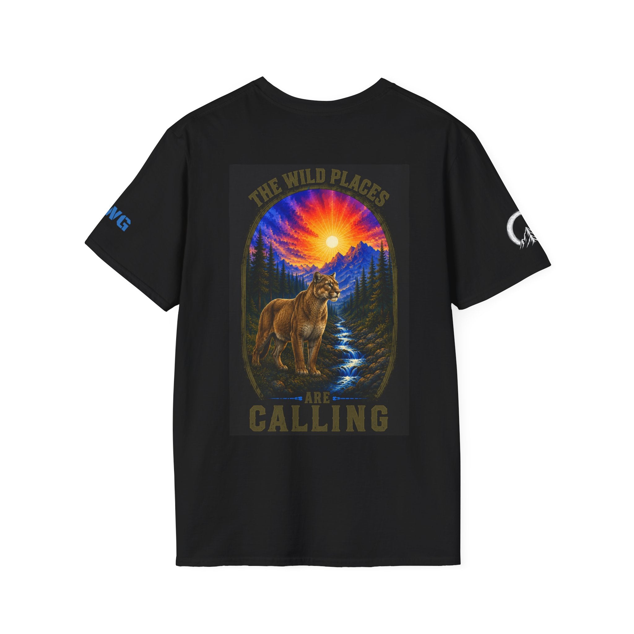 Black t-shirt with front graphic of a cougar and mountain landscape beneath a sunset burst, 'The Wild Calling' text - Wild Places Collection
