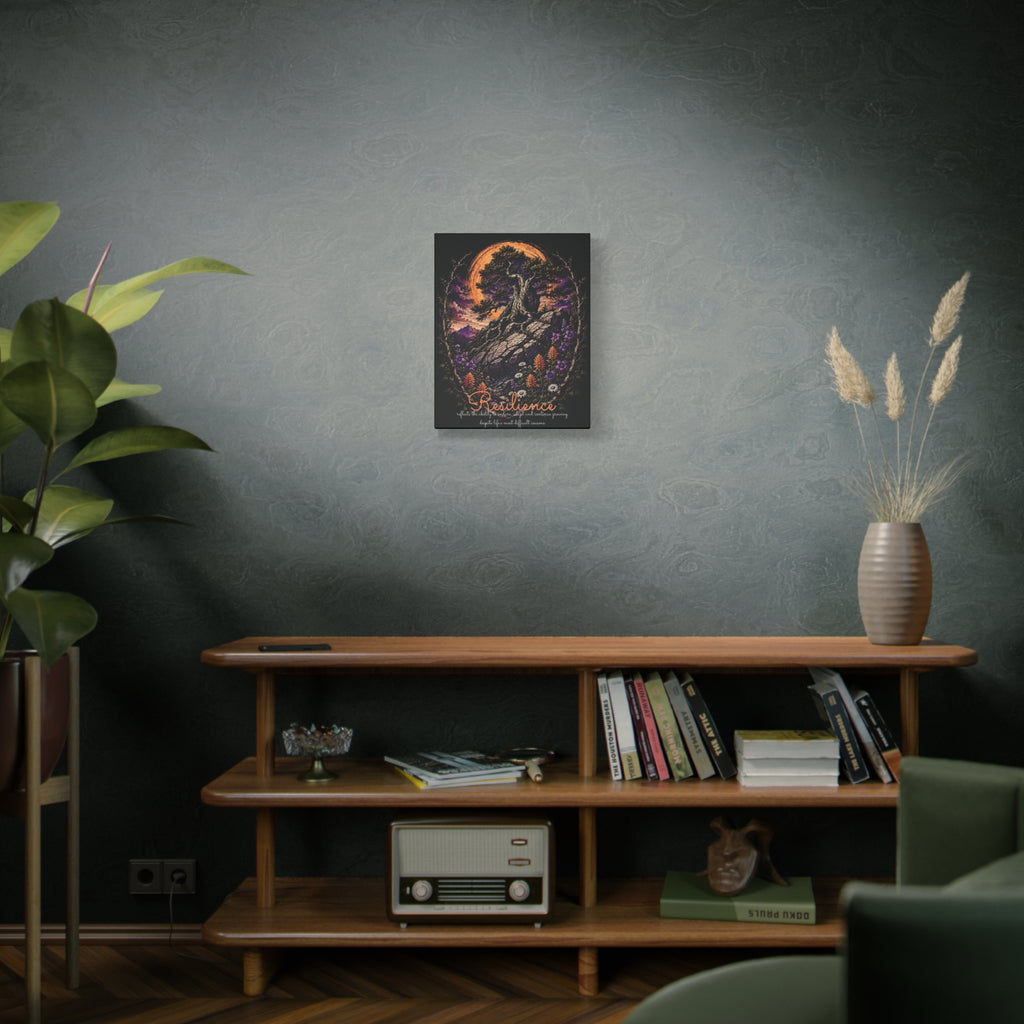 Resilience tree and wildflowers canvas displayed on a gray-green wall above a wooden cabinet