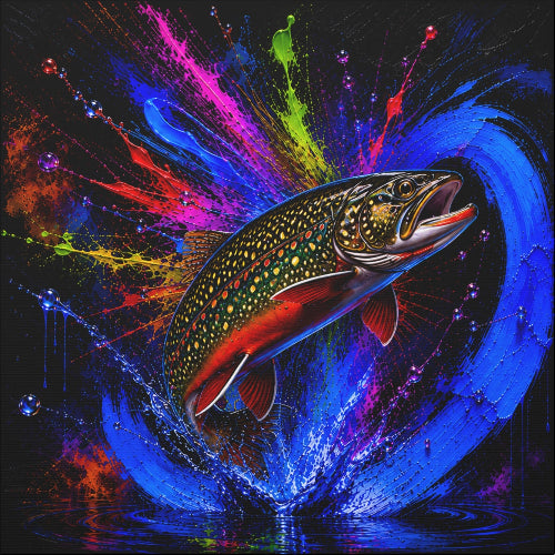 A square wall art print featuring a highly detailed, colorful painting of a jumping fish surrounded by vibrant paint splatters on a black background, shown against a plain white backdrop.