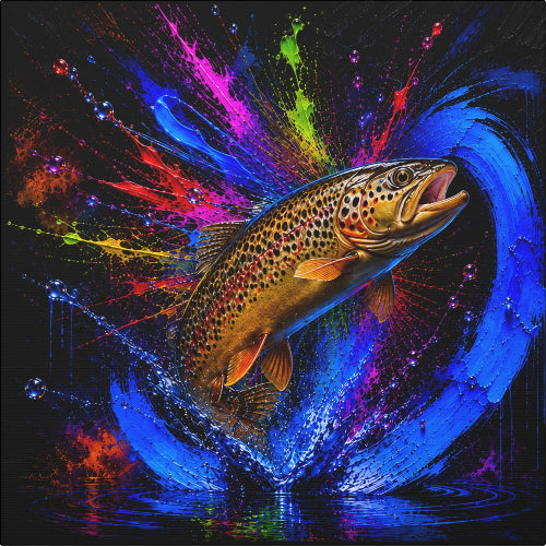 A square wall art print or canvas featuring a leaping trout surrounded by vivid neon paint splashes on a black background, shown against a white wall.