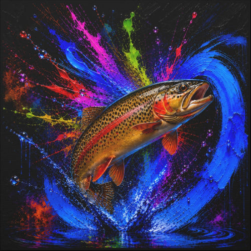 A square wall art print featuring a rainbow trout leaping through vivid, colorful paint splashes on a black background, shown against a white wall.