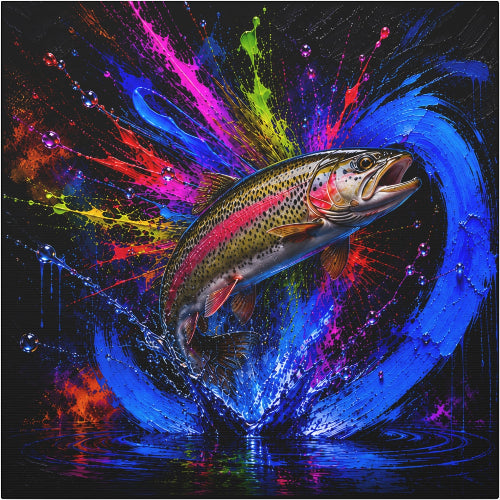 A square wall art print featuring a leaping rainbow trout over water, surrounded by vivid neon paint splashes in blue, pink, purple, green, and red on a black background.