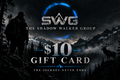 A $10 gift card from SWG: The Shadow Walker Group, featuring a dark, moody mountain landscape with a silhouetted figure on the left and a deer on the right. The text 'SWG THE SHADOW WALKER GROUP', '$10 GIFT CARD', and 'THE JOURNEY NEVER ENDS' are prominently displayed in stylized fonts.