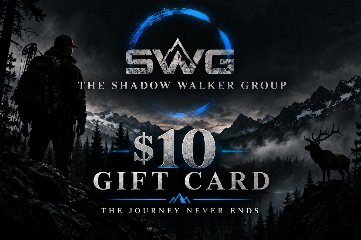 A $10 gift card from SWG: The Shadow Walker Group, featuring a dark, moody mountain landscape with a silhouetted figure on the left and a deer on the right. The text 'SWG THE SHADOW WALKER GROUP', '$10 GIFT CARD', and 'THE JOURNEY NEVER ENDS' are prominently displayed in stylized fonts.
