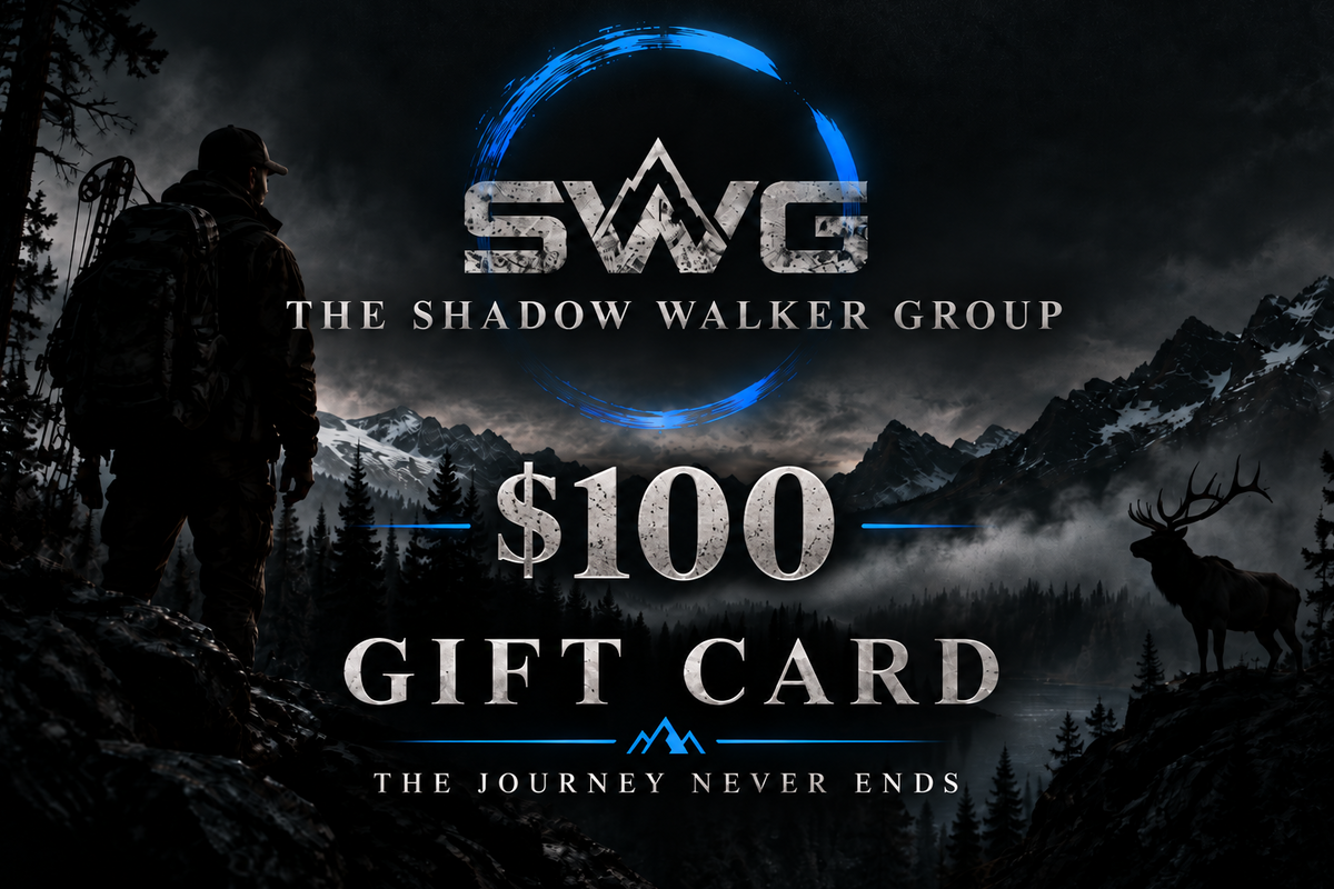 $100 SWG gift card featuring a dark, moody mountain and forest scene with a silhouetted hunter on the left and a deer on the right. Large text reads 'SWG THE SHADOW WALKER GROUP', '$100 GIFT CARD', and 'THE JOURNEY NEVER ENDS'.
