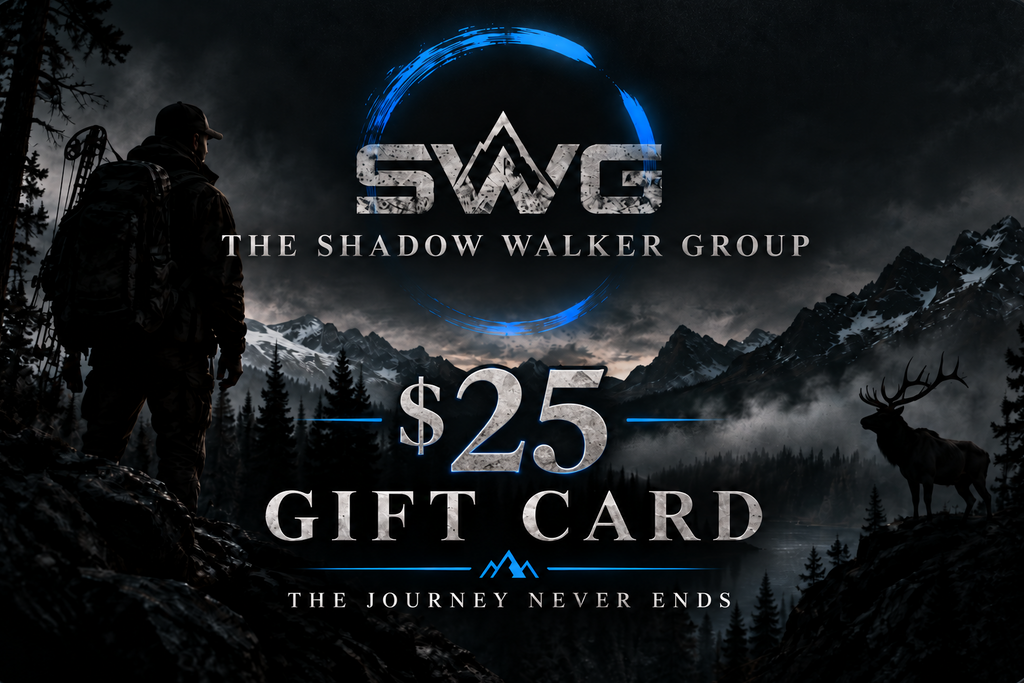 A $25 gift card from SWG: The Shadow Walker Group, featuring a dark, moody mountain landscape with a silhouetted hunter on the left and a deer on the right. The SWG logo is centered at the top with a blue circular glow, and the text '$25 GIFT CARD' is displayed in large, metallic-style letters.