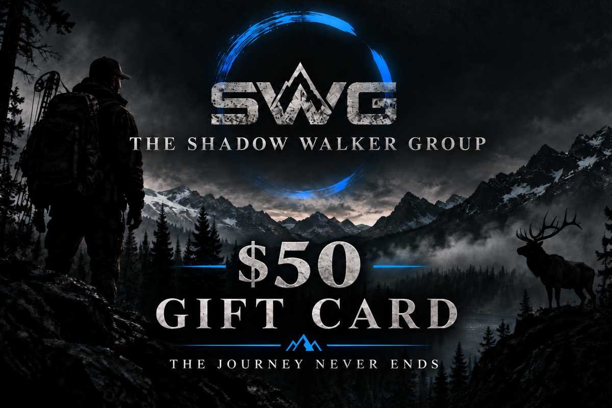 $50 gift card from SWG The Shadow Walker Group, featuring a dark, moody mountain landscape with a silhouetted figure on the left, a deer on the right, and the SWG logo in the center.
